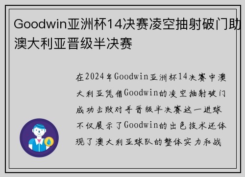 Goodwin亚洲杯14决赛凌空抽射破门助澳大利亚晋级半决赛 Goodwin亚洲杯14决赛凌空抽射破门助澳大利亚晋级半决赛